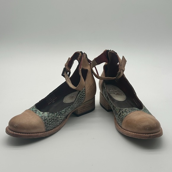 Freebird by Steven Shoes - Freebird Steven Marilyn Tan Turquoise Snake Leather Ankle Strap Flats Womens 6